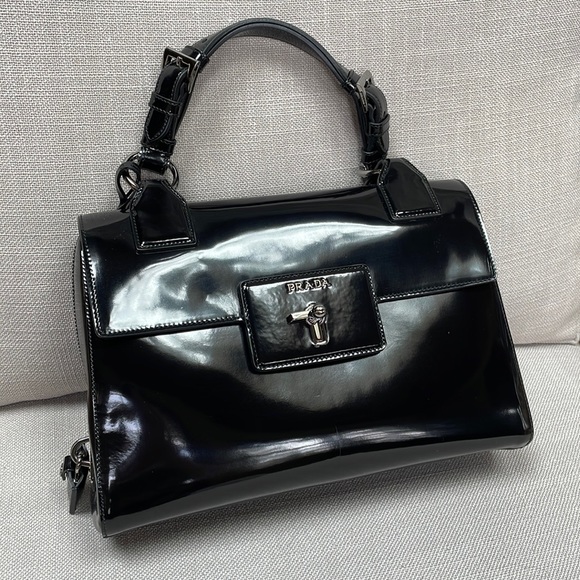 Prada Handbags - Prada Black Patent Leather Top-Handle Bag